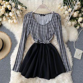 Color Block Panel Houndstooth Dress