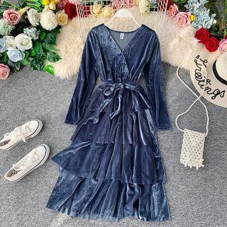Long-sleeve Velvet A-line Midi Tiered Dress