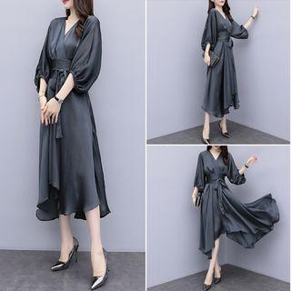 3/4-sleeve Asymmetric A-line Midi Dress