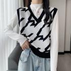 V-neck Print Sweater Vest / Long-sleeve Mock-neck Top
