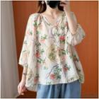 3/4-sleeve Floral Print Blouse Pink & Green & White - One Size