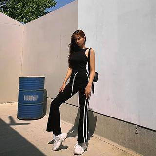 Set: Sleeveless Ribbed Top + Band-waist Contrast-trim Boot-cut Pants