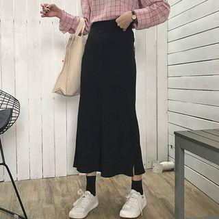 Midi A-line Chiffon Skirt / Mock Turtleneck Striped Long-sleeve Top