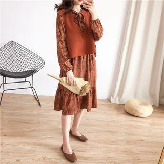 Set: Long-sleeve Plaid Midi A-line Dress + Sweater Vest