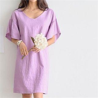 Plunge-neck Wide-sleeve Linen Dress