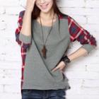 Long-sleeved Loose-fit Gingham Panel T-shirt