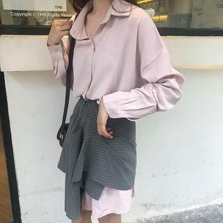 Mock Two-piece Long-sleeve Striped Panel Mini Shirtdress