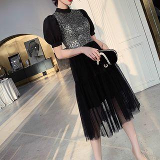 Puff-sleeve Sequin A-line Mesh Cocktail Dress