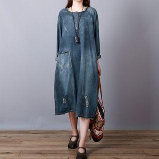 Long-sleeve Distressed Denim Midi A-line Dress