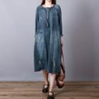 Long-sleeve Distressed Denim Midi A-line Dress