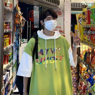 Mock Two-piece Elbow-sleeve Lettering Print Hoodie