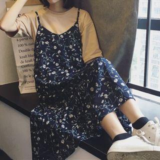 Floral Print Spaghetti-strap Dress Navy Blue - One Size