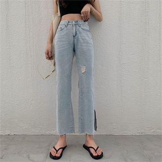 Washed Ripped Cropped Boot-cut Jeans