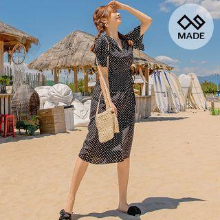 Puff-sleeve Dotted Long Wrap Dress