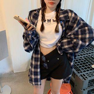 Long-sleeve Plaid Oversize Shirt / Butterfly Print Round-neck T-shirt