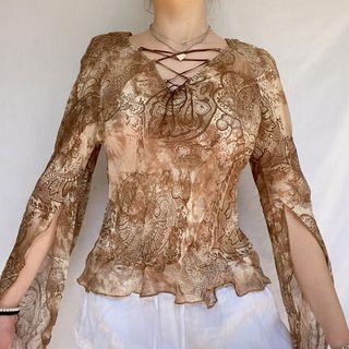 Lace-up Front Print Slit Sleeve Top