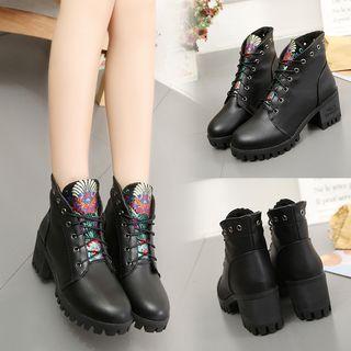 Embroidered Lace-up Chunky-heel Ankle Boots