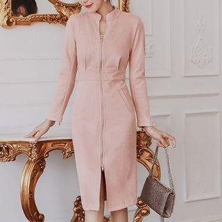 Long-sleeve Mock Neck Zip-front Sheath Dress