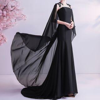 Cape-sleeve Floral Mermaid Evening Gown