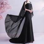 Cape-sleeve Floral Mermaid Evening Gown