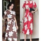 Flower Print Short-sleeve Tie-waist A-line Dress