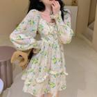 Long-sleeve Floral Print Frill Trim Mini A-line Dress