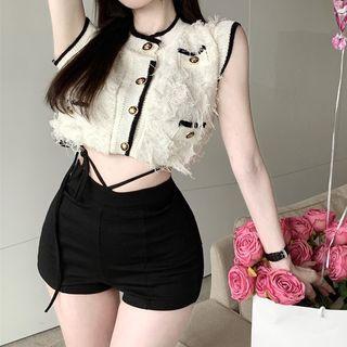 Contrast Trim Distressed Button-up Vest / Hot Pants