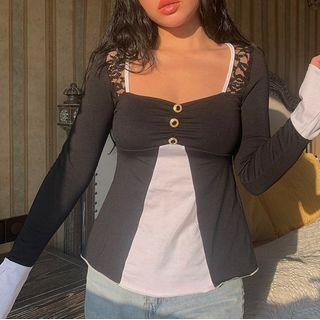 Long-sleeve Lace Trim Two-tone T-shirt