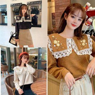 Sailor Collar Lace Trim Floral Embroidered Knit Top