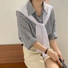 Mock Two-piece Shawl Collar Striped Shirt