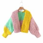 Color Block Chunky Knit Cardigan Pink & Green & Yellow - One Size