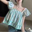 Short-sleeve Striped Blouse Stripe - Green - One Size