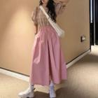 Puff-sleeve Plaid Blouse / Plain Wide-leg Pants