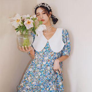Elbow-sleeve Collared Floral Print Midi A-line Dress