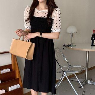 Short-sleeve Dot Print Panel Midi Dress