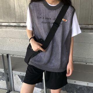 Lettering Short-sleeve T-shirt / Crochet Knit Vest / Wide-leg Shorts