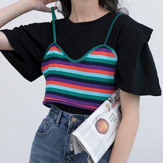Set: Elbow-sleeve T-shirt + Spaghetti Strap Striped Top