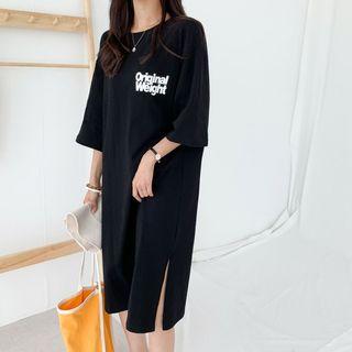 Letter-printed Elbow-sleeve Midi T-shirt Dress