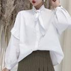 Plain Lace-up Puff-sleeve Blouse White - One Size