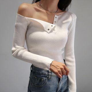 Plain Off-shoulder Rib-knit Long-sleeve Knit Top