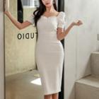 Plain Lace Trim Puff-sleeve Bodycon Dress