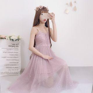 Long-sleeve Mesh Top / Spaghetti Strap Mesh Midi A-line Dress