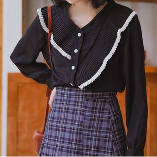 Contrast Trim Ruffle Blouse Black - One Size