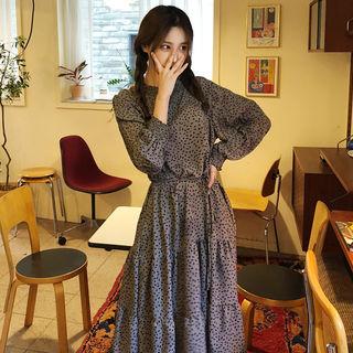 Pleated-sleeve Patterned Tiered Dress With Cord Gray - One Size