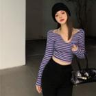 Contrast Collar Striped Cropped T-shirt