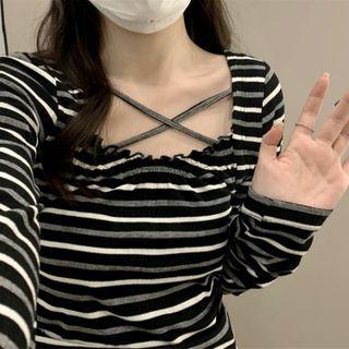 Long-sleeve Striped Cross Strap T-shirt Stripes - Black - One Size