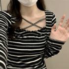 Long-sleeve Striped Cross Strap T-shirt Stripes - Black - One Size