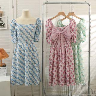 Ribbon-back Off-shoulder Printed Midi Dress