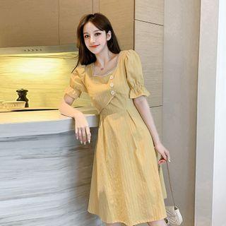 Striped Square-neck Short-sleeve A-line Dress