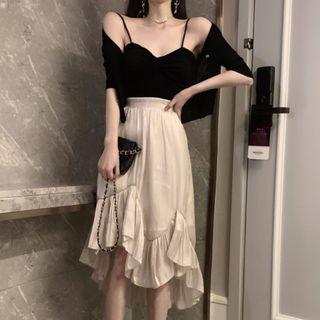 Spaghetti Strap Knit Top / Cardigan / A-line Skirt